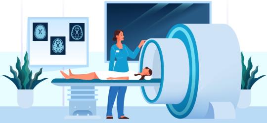 Grafika 2D pacjentki przygotowywanej do rezonansu magnetycznego.