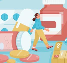 Rysunkowa postać kobiety przechadza się pośród opakowań leków.