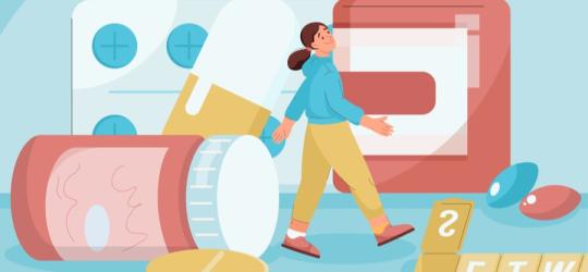 Rysunkowa postać kobiety przechadza się pośród opakowań leków.