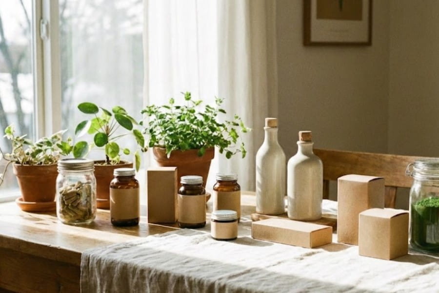 Buteleczki i kartonik leżące na stole przykrytym obrusem.