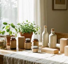 Buteleczki i kartonik leżące na stole przykrytym obrusem.