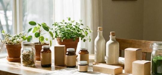 Buteleczki i kartonik leżące na stole przykrytym obrusem.