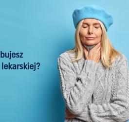 Kobieta w wełnianym swetrze i berecie, trzyma się za bolące gardło. W rogu logotyp VisiMed.