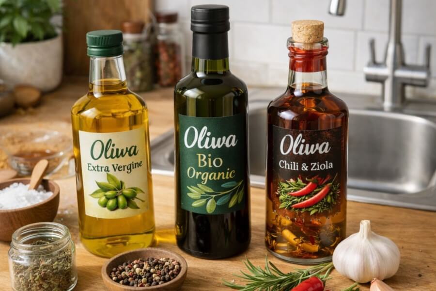Trzy różne butelki oliwy na kuchennym blacie.