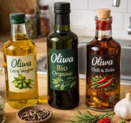 Trzy różne butelki oliwy na kuchennym blacie.