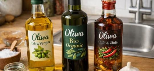 Trzy różne butelki oliwy na kuchennym blacie.