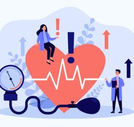 Rysunkowe postaci badają serce ciśnieniomierzem. Wykrywają wysokie tętno i alarmują o zagrożeniu.