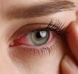 Zbliżenie na oko kobiety z widocznymi objawami zapalenia spojówek.