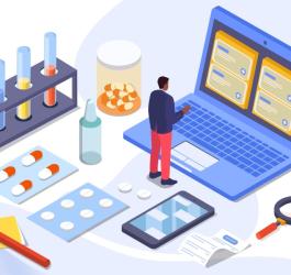 Rysunkowa postać dokonuje zakupu w aptece internetowej.