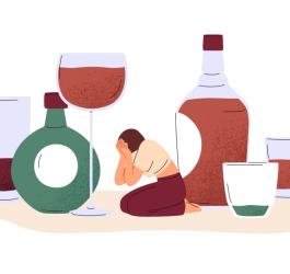 Rysunkowa kobieta wśród butelek, cierpiąca na alkoholowy zespół abstynencyjny.