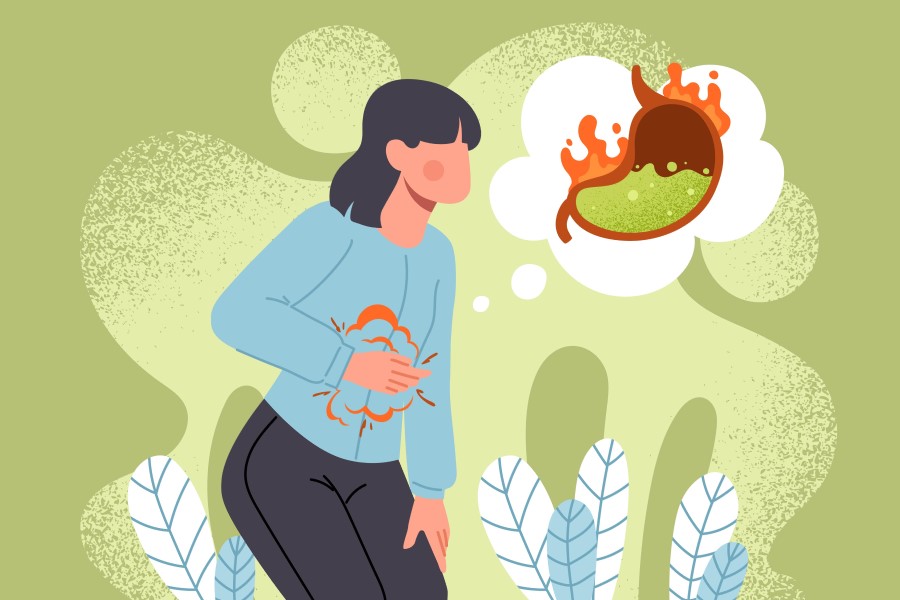 Rysunkowa kobieta cierpi na zgagę.