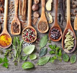 Świeże i suszone zioła oraz przyprawy zaprezentowane na drewnianych łyżeczkach.