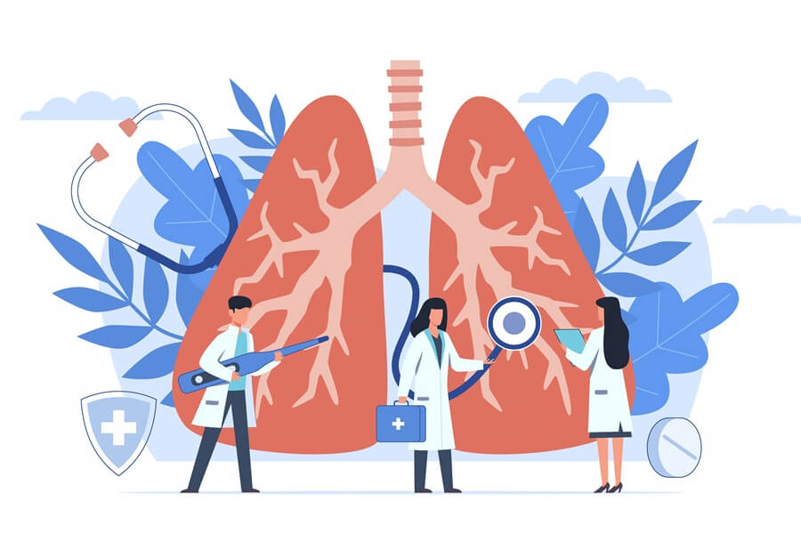 Rysunkowi lekarze diagnozują zwłóknienie płuc.